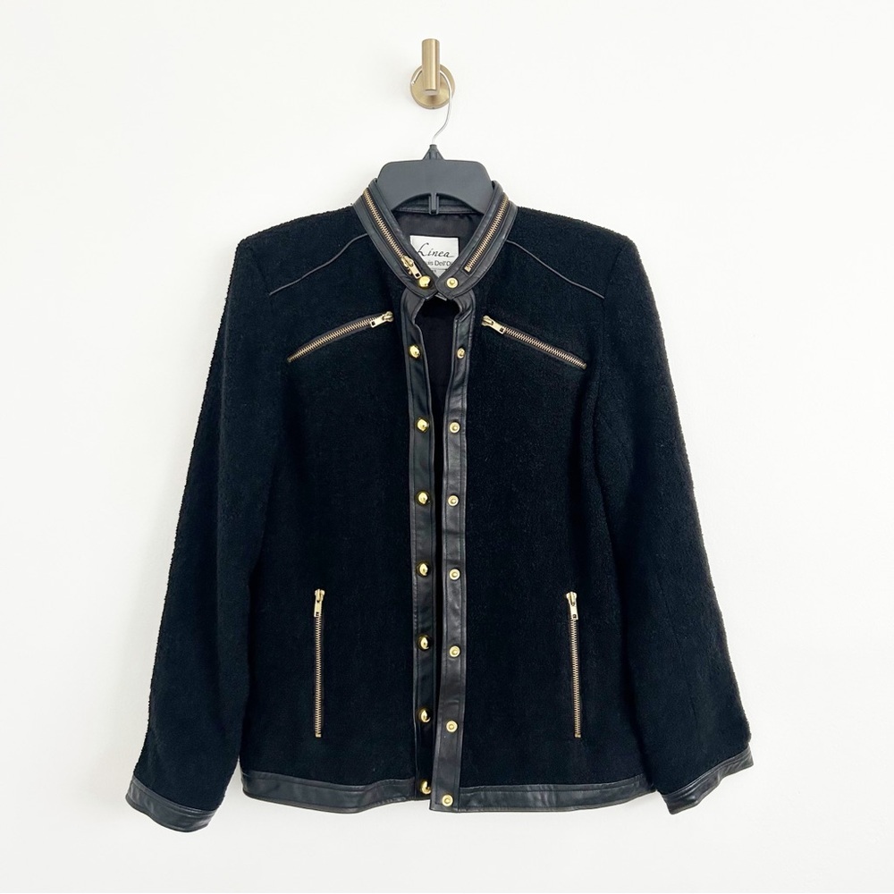 Linea by Louis Dell'Olio Black Wool Blend Boucle Gold Zipper Jacket Size XS
